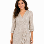 Taupe Lace-Texture Wrap Dress – Ruffle Hem Elegance-2