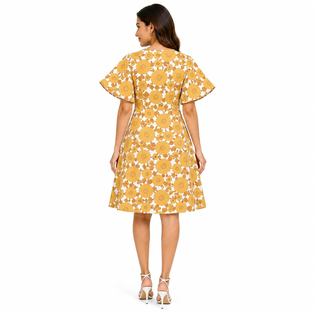 Women's Yellow Floral Print V-Neck Fit & Flare Knee-Length Dress-4