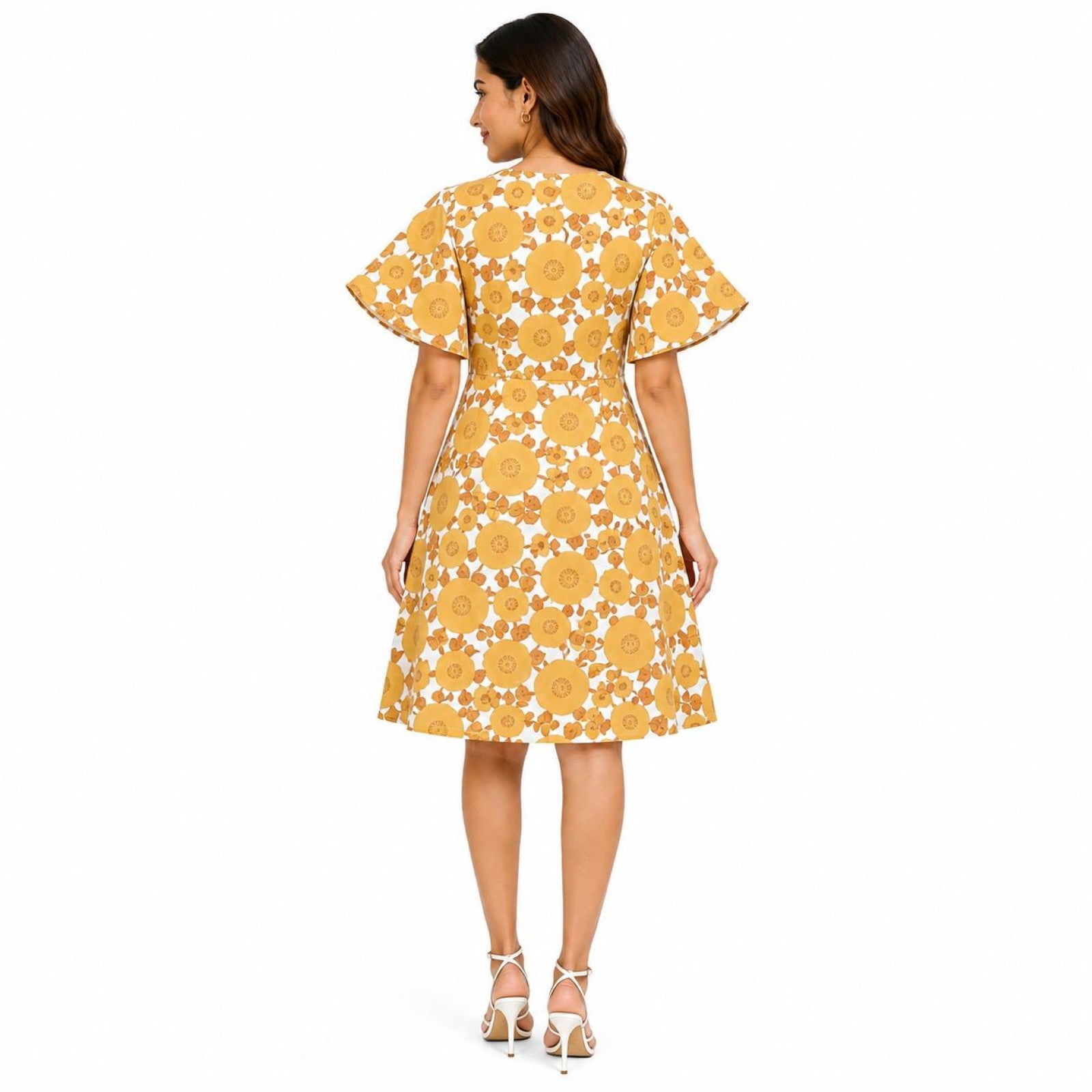 Women's Yellow Floral Print V-Neck Fit & Flare Knee-Length Dress-4
