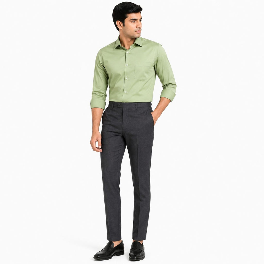 Men's Grey Slim Tapered Flat-Front Formal Trousers | Classic Office Wear Pants-1