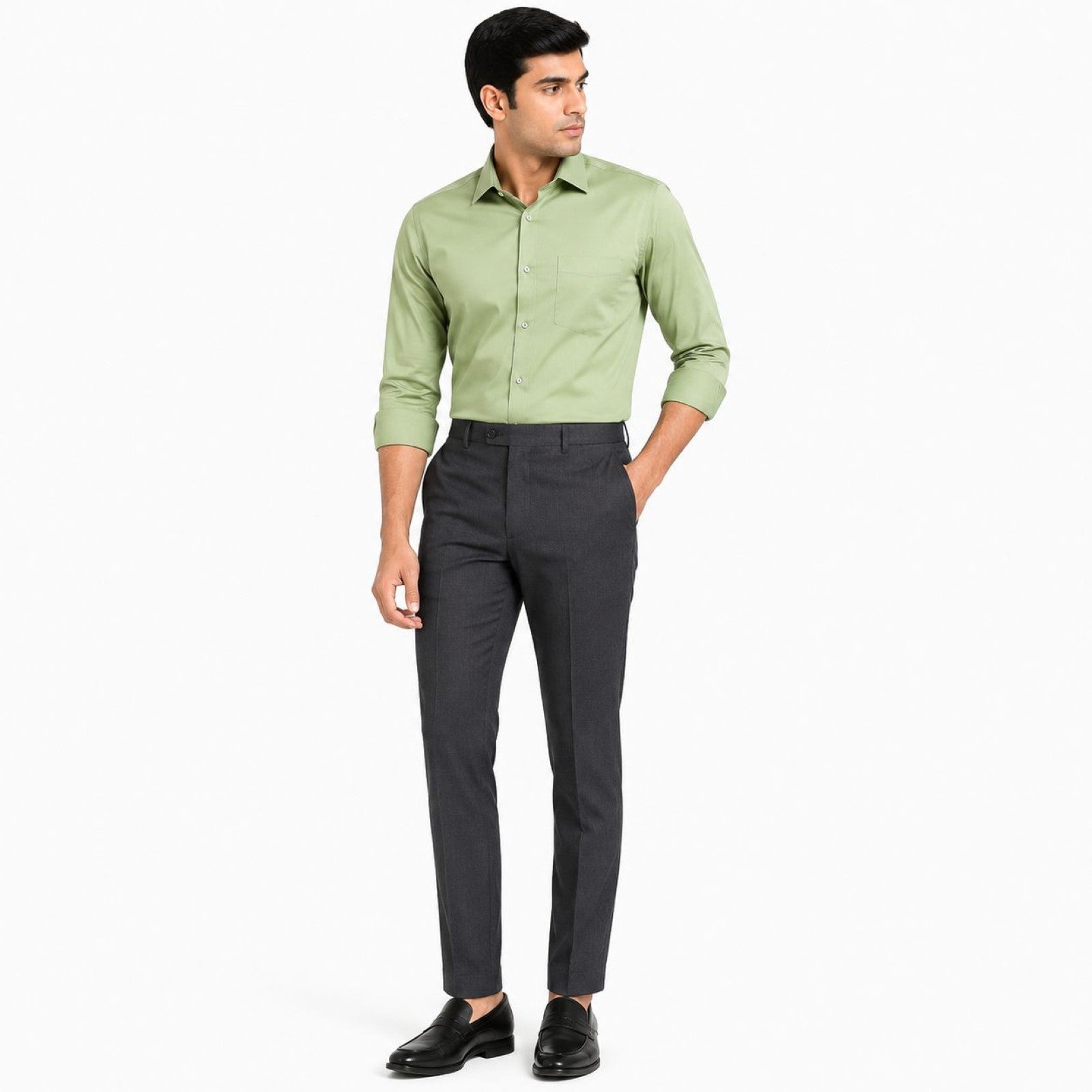 Men's Grey Slim Tapered Flat-Front Formal Trousers | Classic Office Wear Pants-1