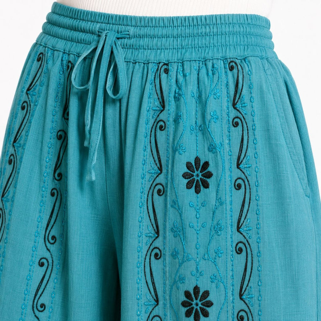 Women's Light Blue Embroidered Wide Leg Palazzo Pants with Drawstring Waist-4