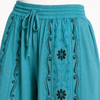 Women's Light Blue Embroidered Wide Leg Palazzo Pants with Drawstring Waist-4