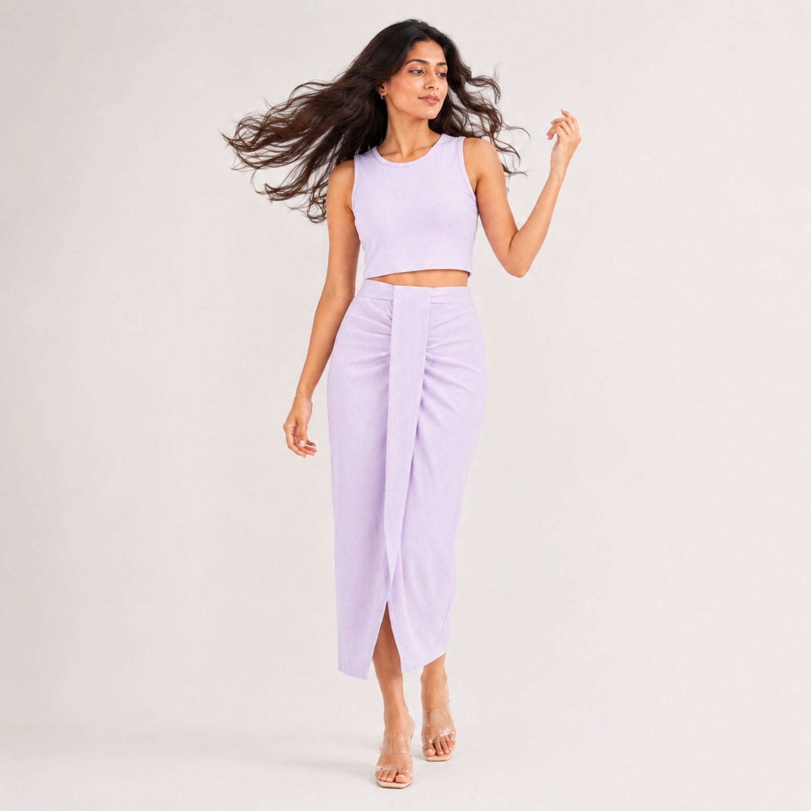 Women's Purple Solid Sleeveless Crop Top and Draped Maxi Skirt Co-Ord Set for Party Wear-3