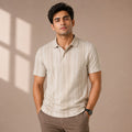 Men's Sand Beige Textured Polo T-Shirt-4