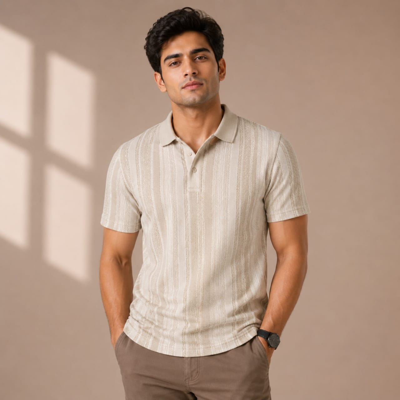Men's Sand Beige Textured Polo T-Shirt-4