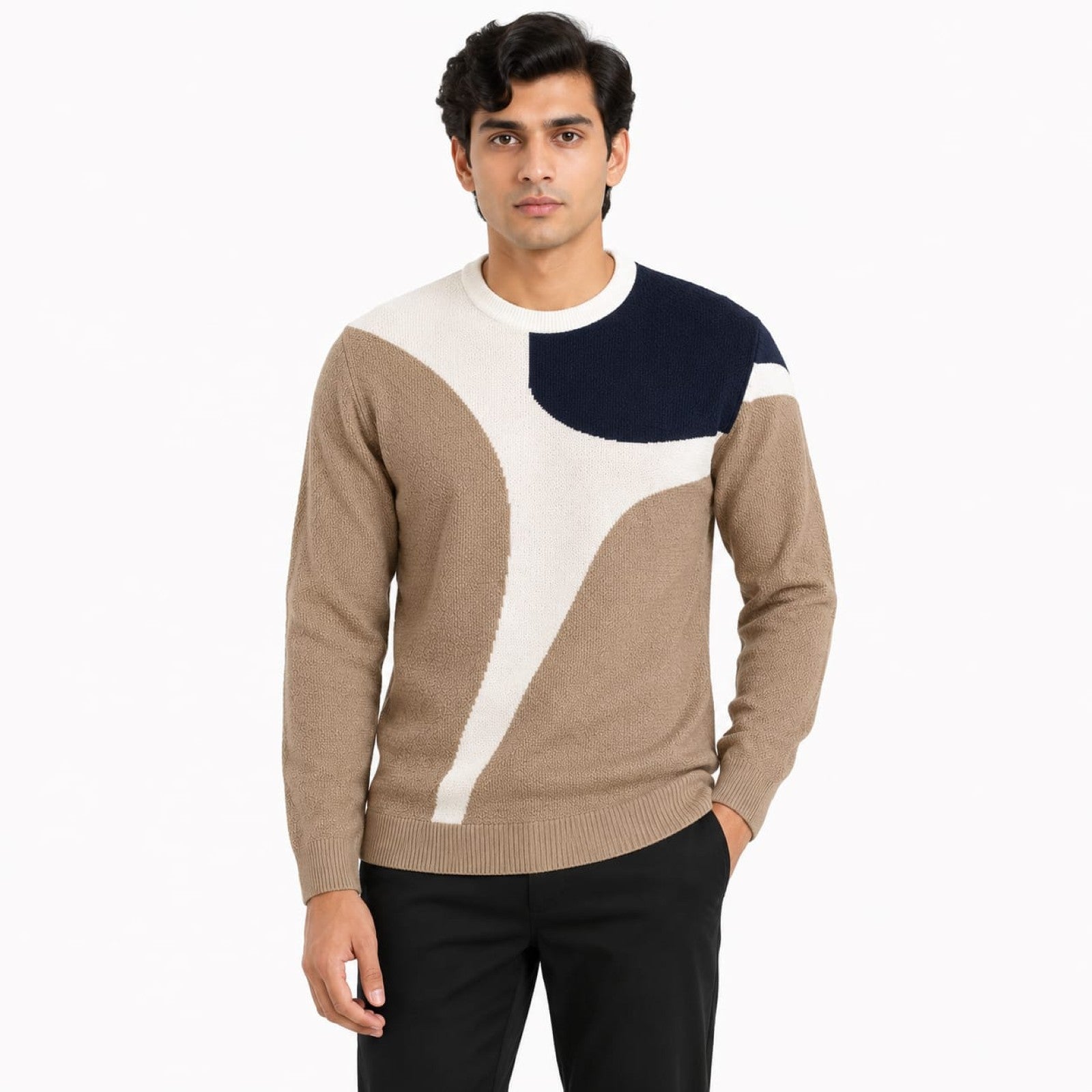 Men's Brown Abstract Colorblock Crew Neck Knit Sweater-1