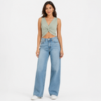 Women's Pista Green Solid Twist Front Sleeveless V-Neck Crop Top-2