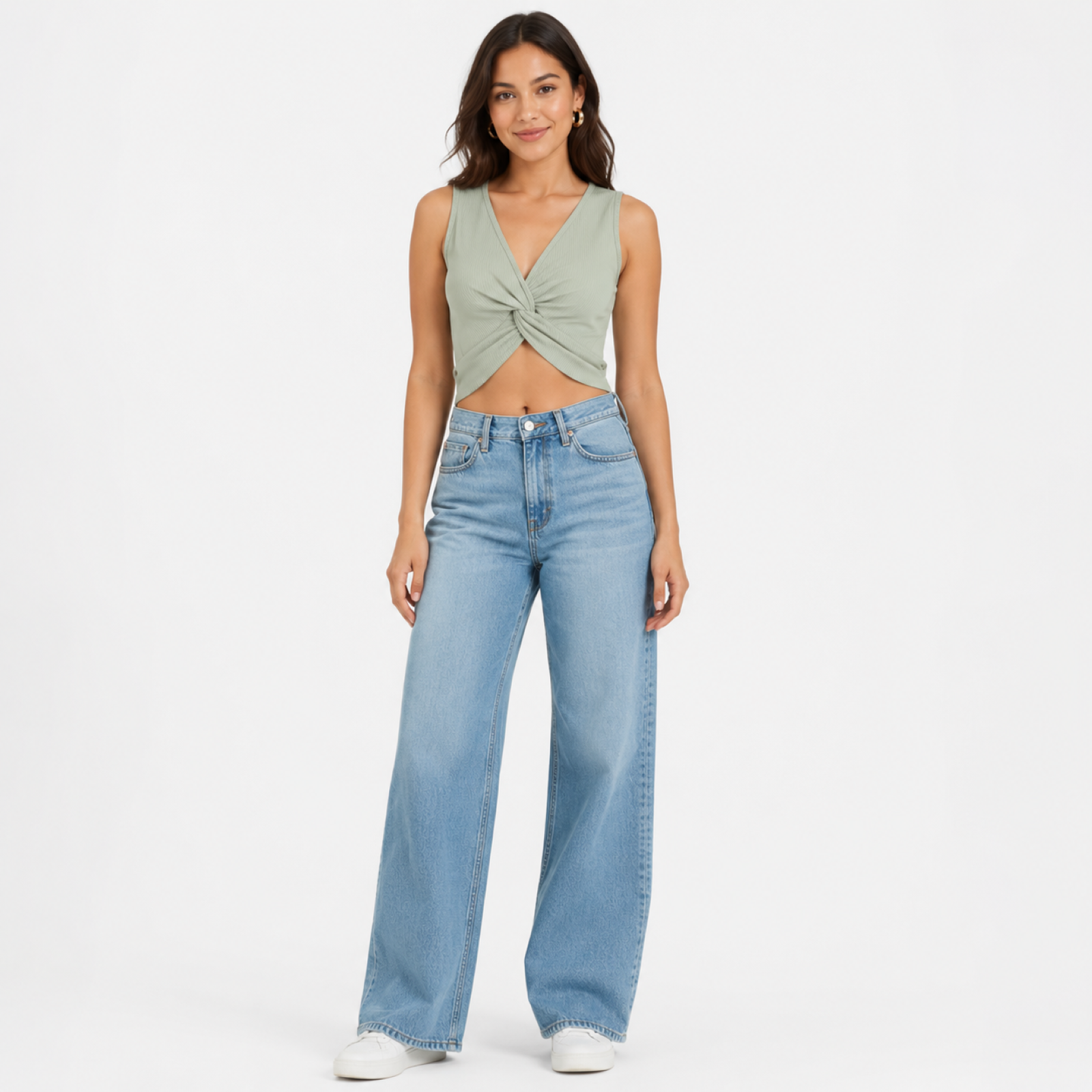 Women's Pista Green Solid Twist Front Sleeveless V-Neck Crop Top-2