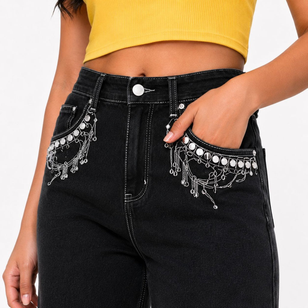 Women's Black Wide Leg Jeans with Embellished Pocket Detail | High-Rise Fashion Denim-2
