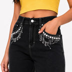 Women's Black Wide Leg Jeans with Embellished Pocket Detail | High-Rise Fashion Denim-2