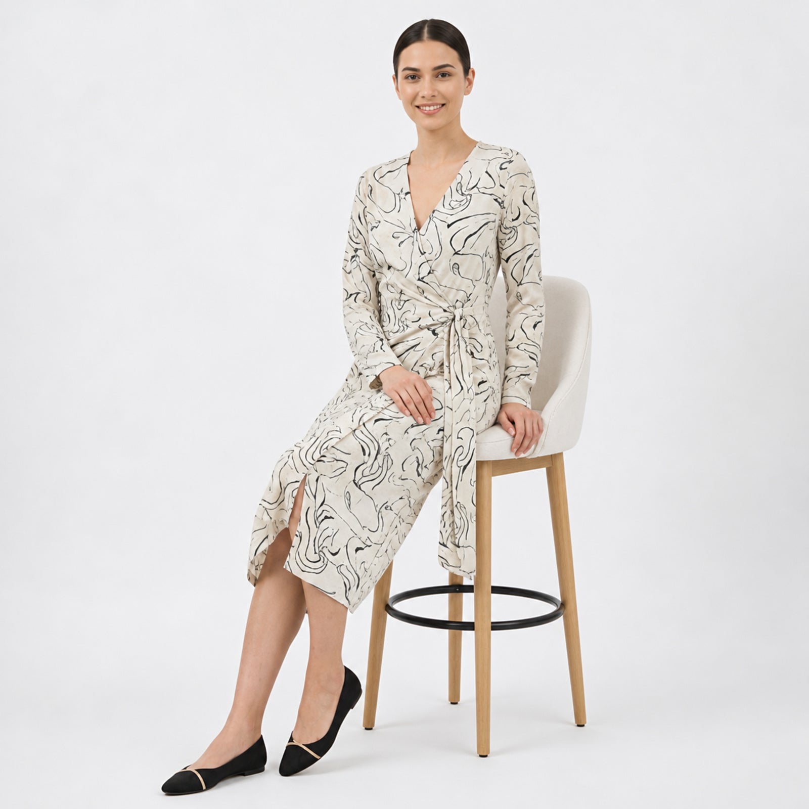 Ivory Abstract Wrap Midi Dress-3