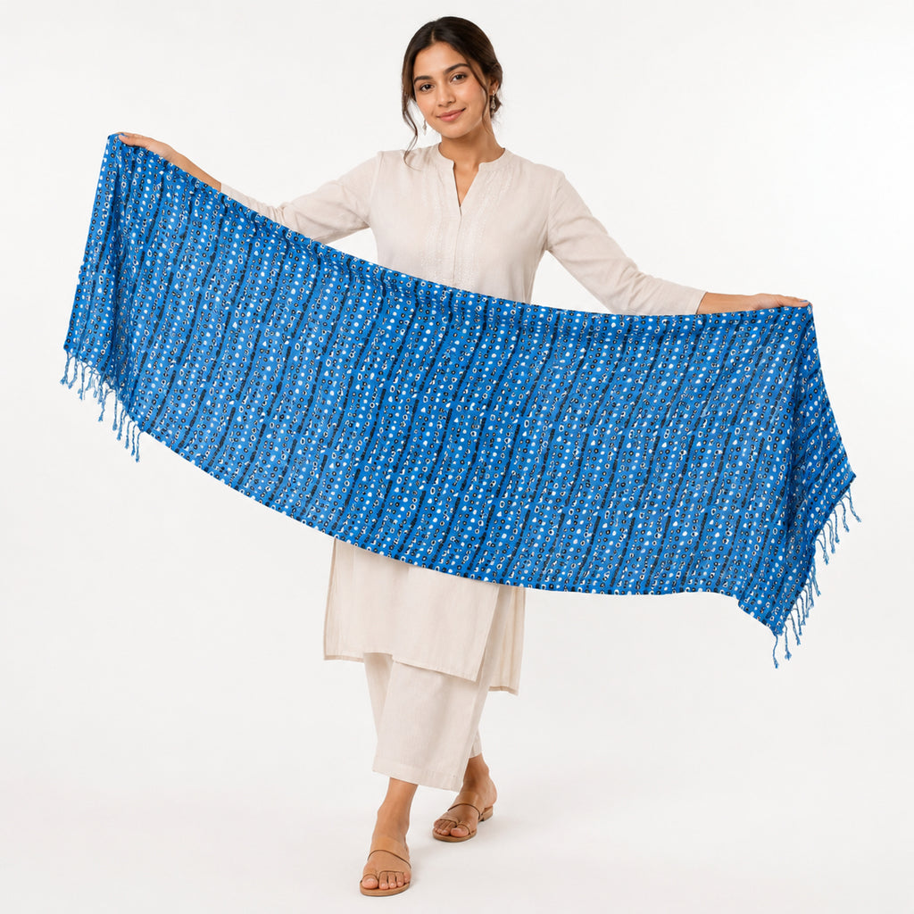 Women's Royal Blue Embroidered Tassel Scarf-3