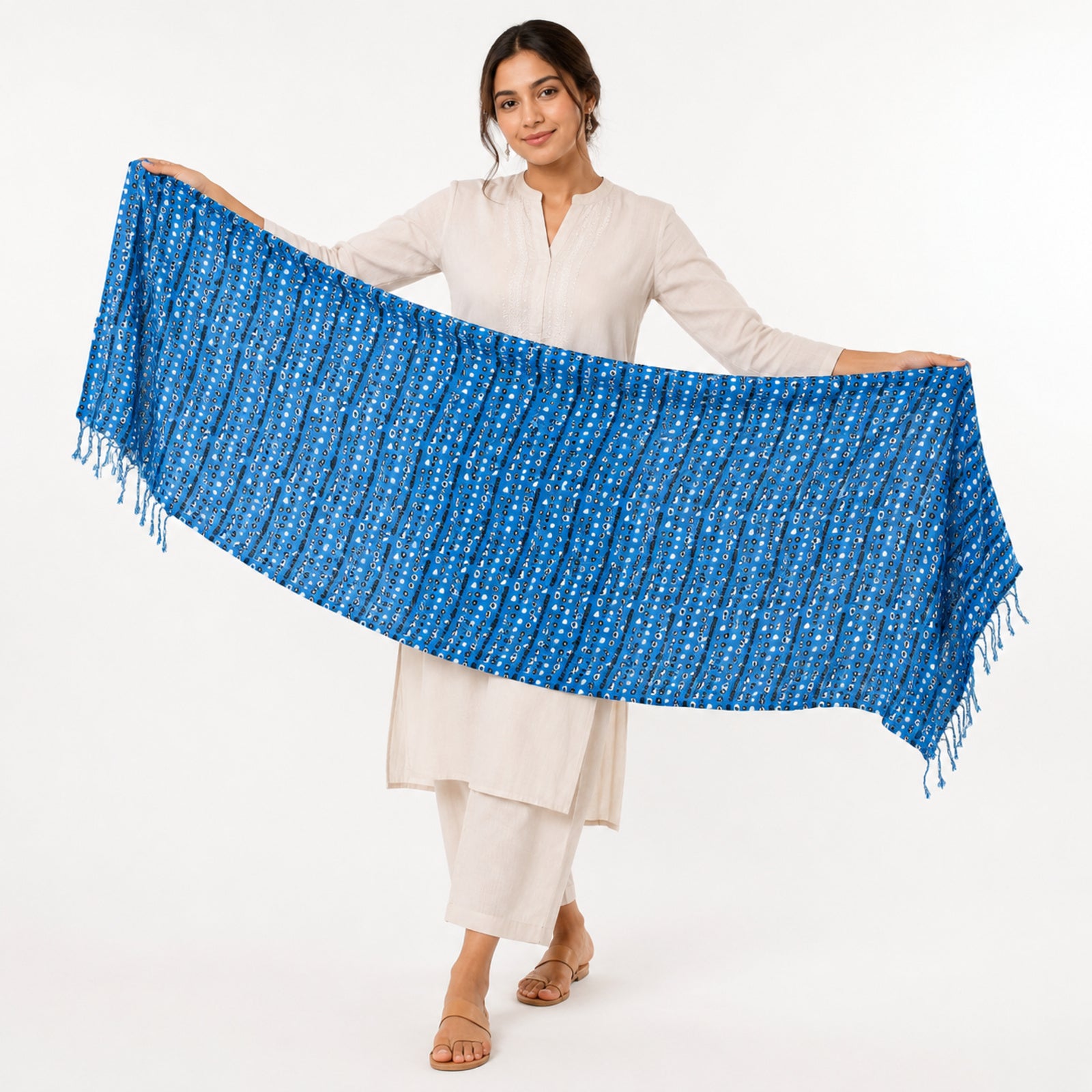 Women's Royal Blue Embroidered Tassel Scarf-3