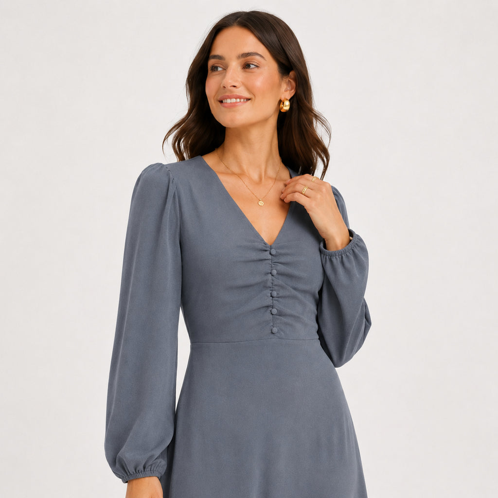 Women's Grey V-Neck Button Detail Long Sleeve Flared Maxi Dress | Elegant Occasion Wear Dress-3