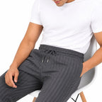 Men's Green Pinstripe Elastic Waist Straight Fit Casual Pants-3
