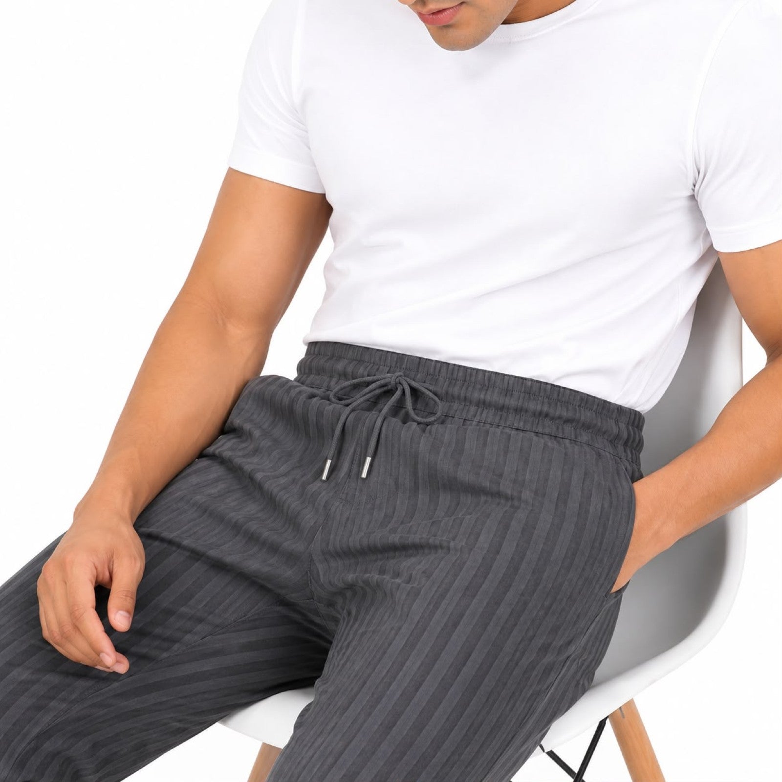 Men's Green Pinstripe Elastic Waist Straight Fit Casual Pants-3