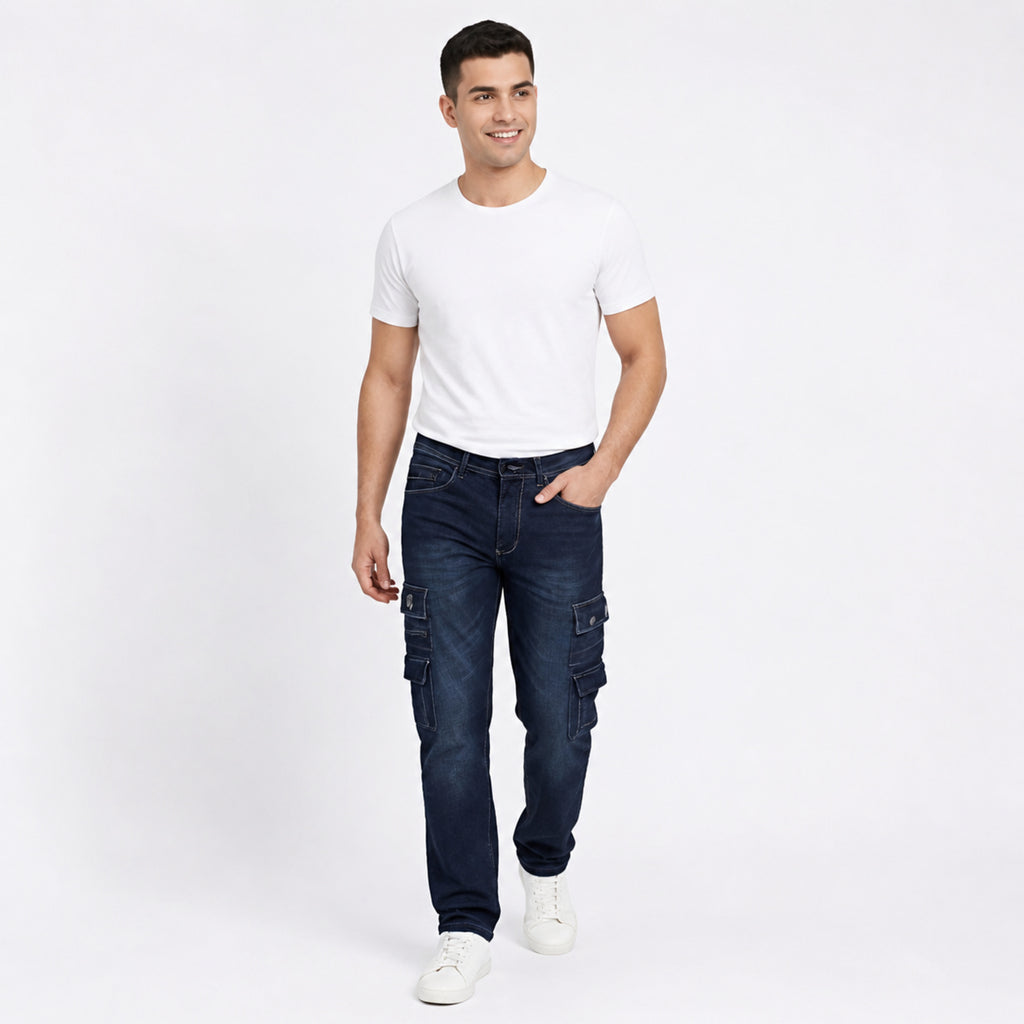 Midnight Blue Slim Fit Cargo Jeans-4
