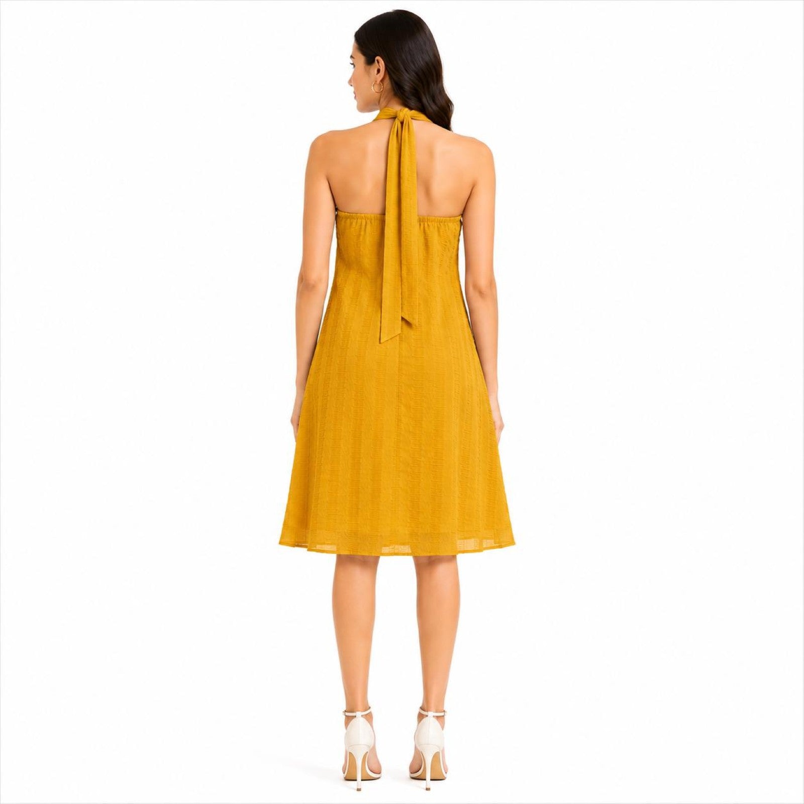 Women's Yellow Halter Neck A-Line Knee Length Dress-4