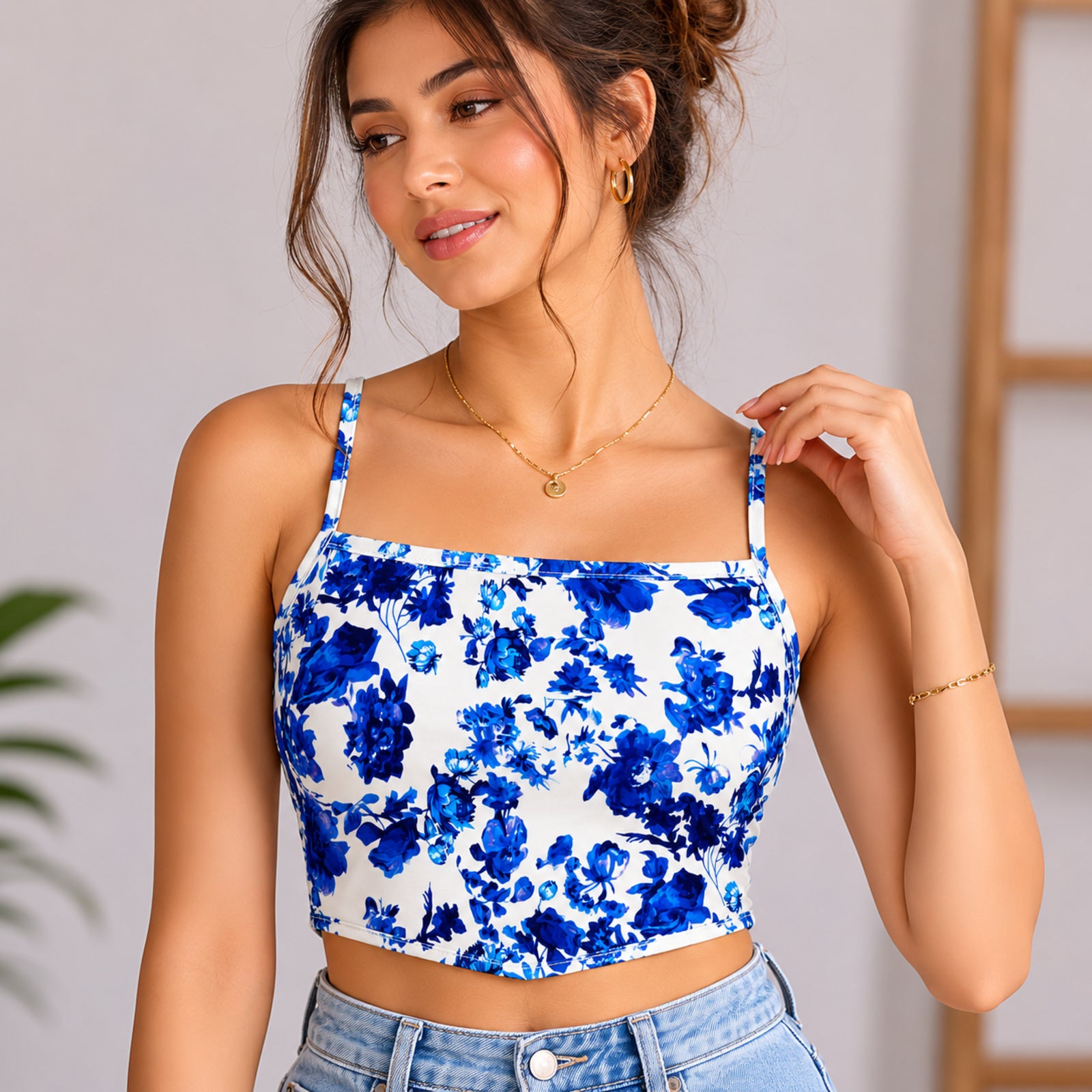 Women's Navy Blue Floral Printed Crop Cami Top-1