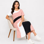 Women's Peach Abstract Color Block Round Neck A-Line Midi Dress-3
