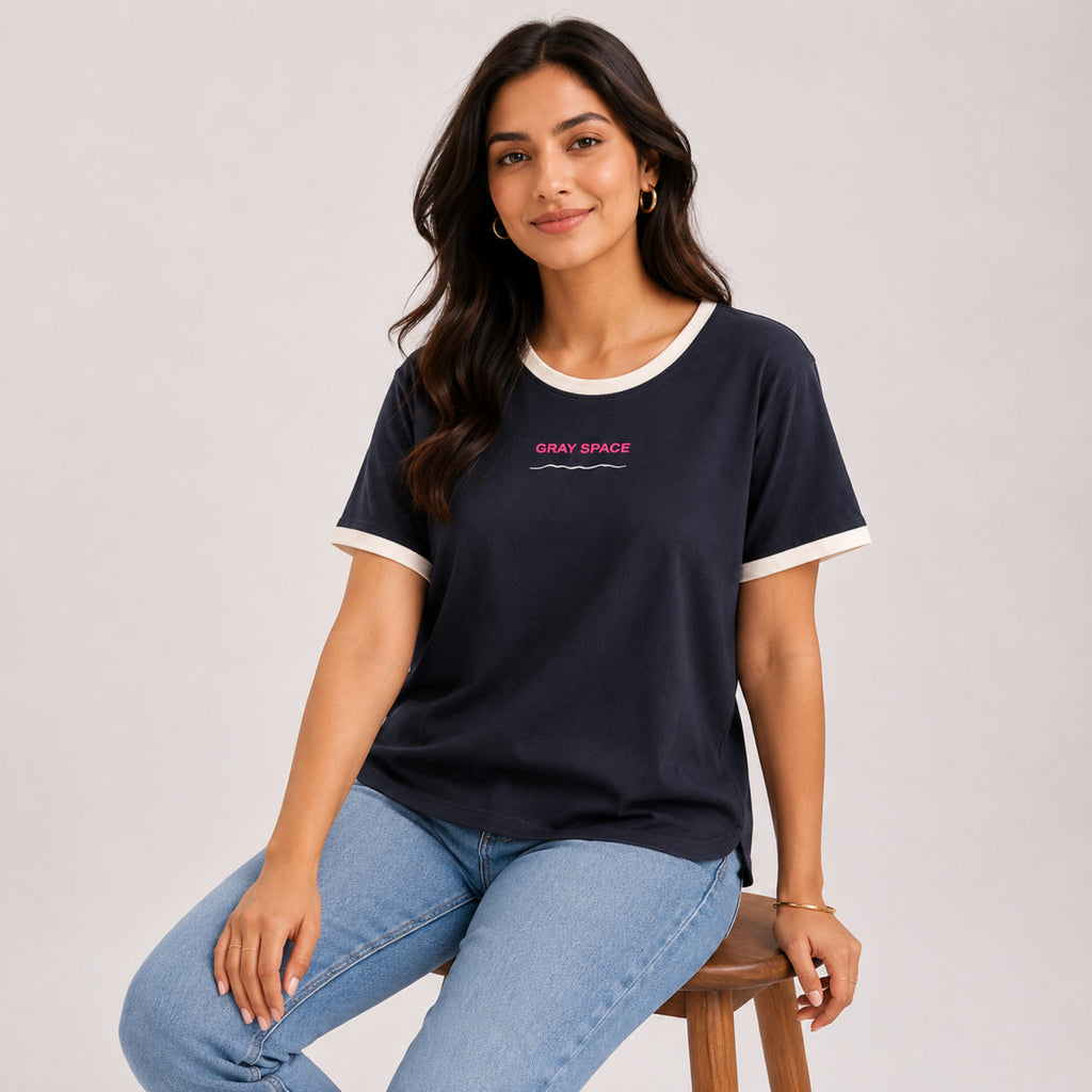 Women's Black Contrast Trim Graphic Printed Casual T-Shirt | Soft Cotton Blend Everyday Fashion Top-1