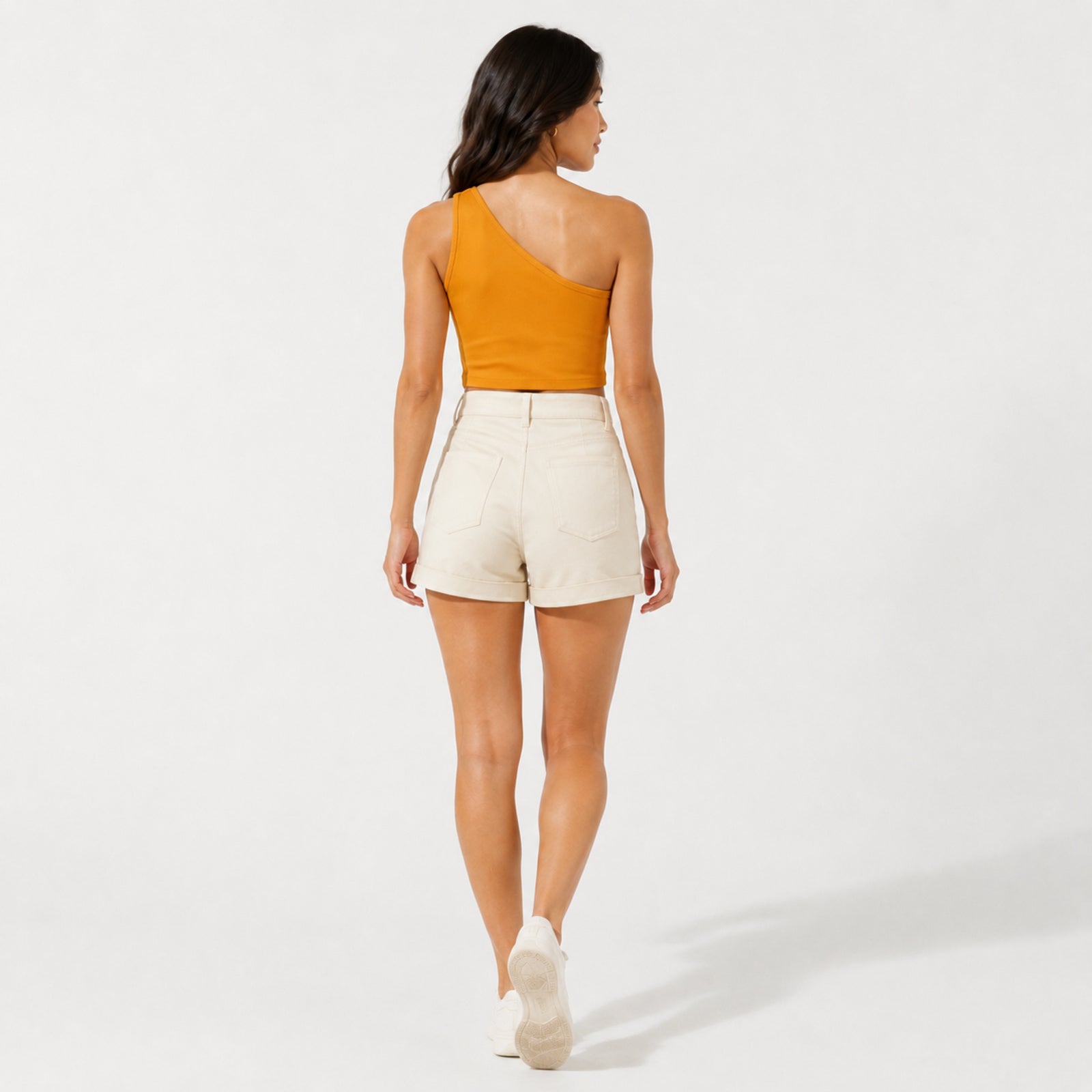Women's Orange One-Shoulder Sleeveless Fitted Crop Top | Solid Asymmetric Casual Top-4