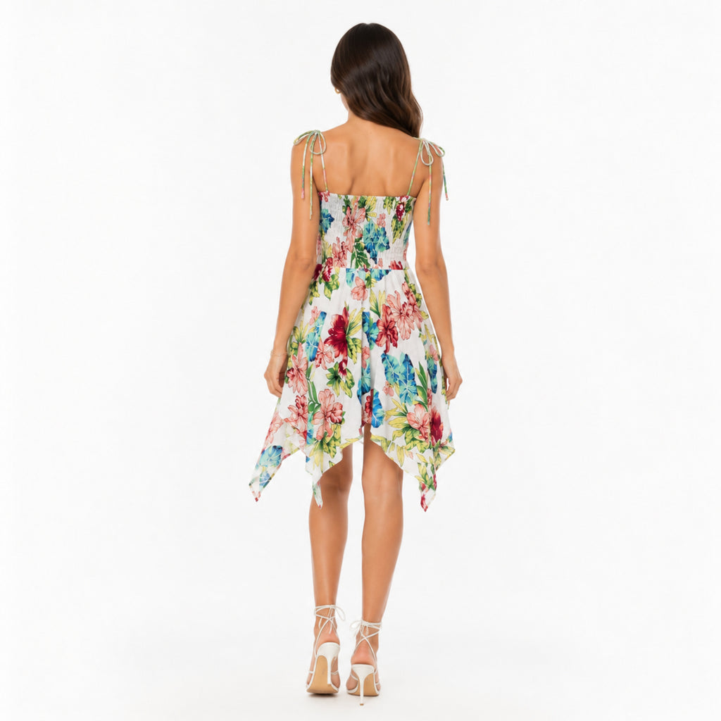 Women's Rainbow Floral Shoulder Tie Smocked Handkerchief Hem Dress | Breezy Resort Wear Mini Dress-4