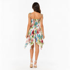 Women's Rainbow Floral Shoulder Tie Smocked Handkerchief Hem Dress | Breezy Resort Wear Mini Dress-4