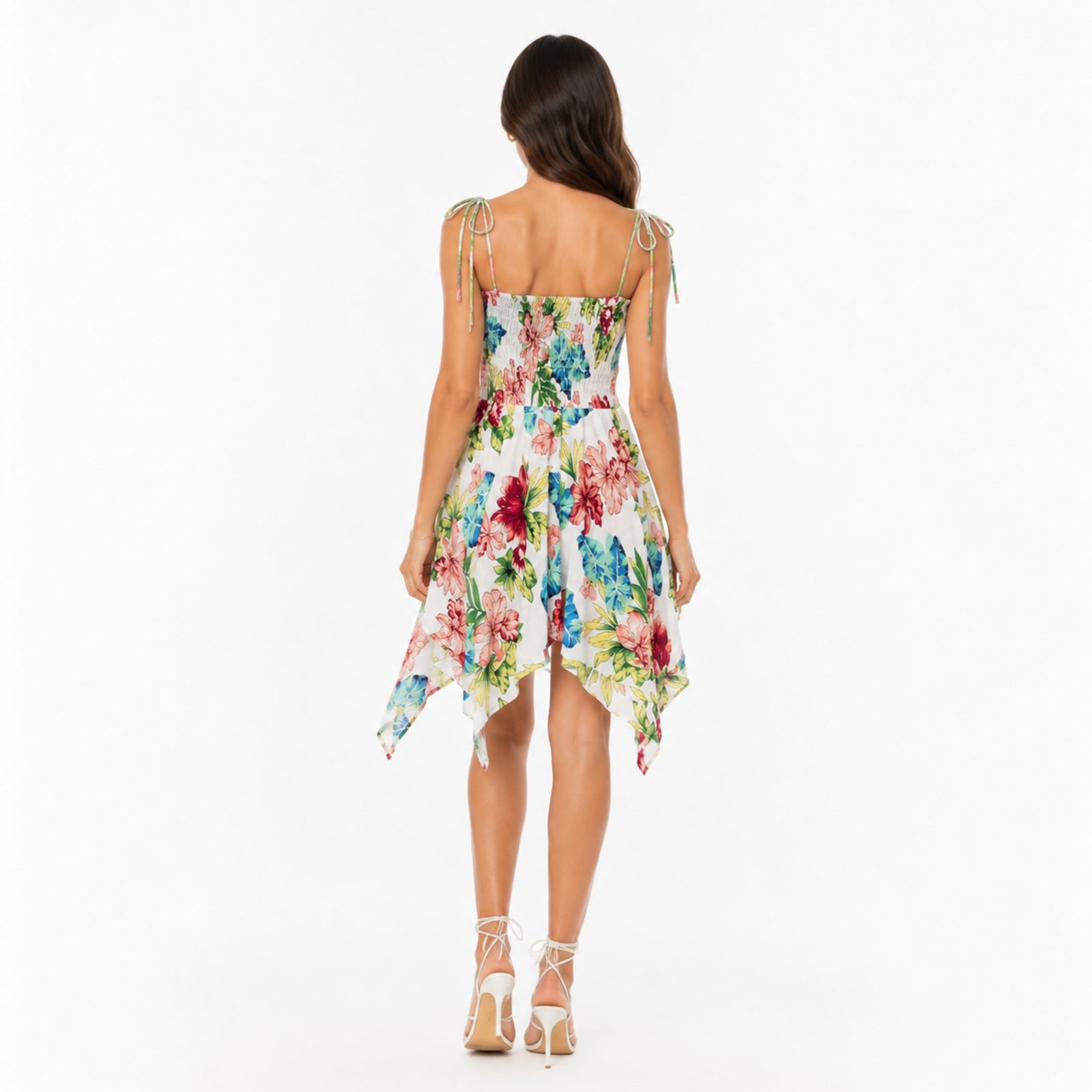 Women's Rainbow Floral Shoulder Tie Smocked Handkerchief Hem Dress | Breezy Resort Wear Mini Dress-4