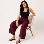 Women's Wine Embroidered Elastic Waist Wide Leg Palazzo Pants-4