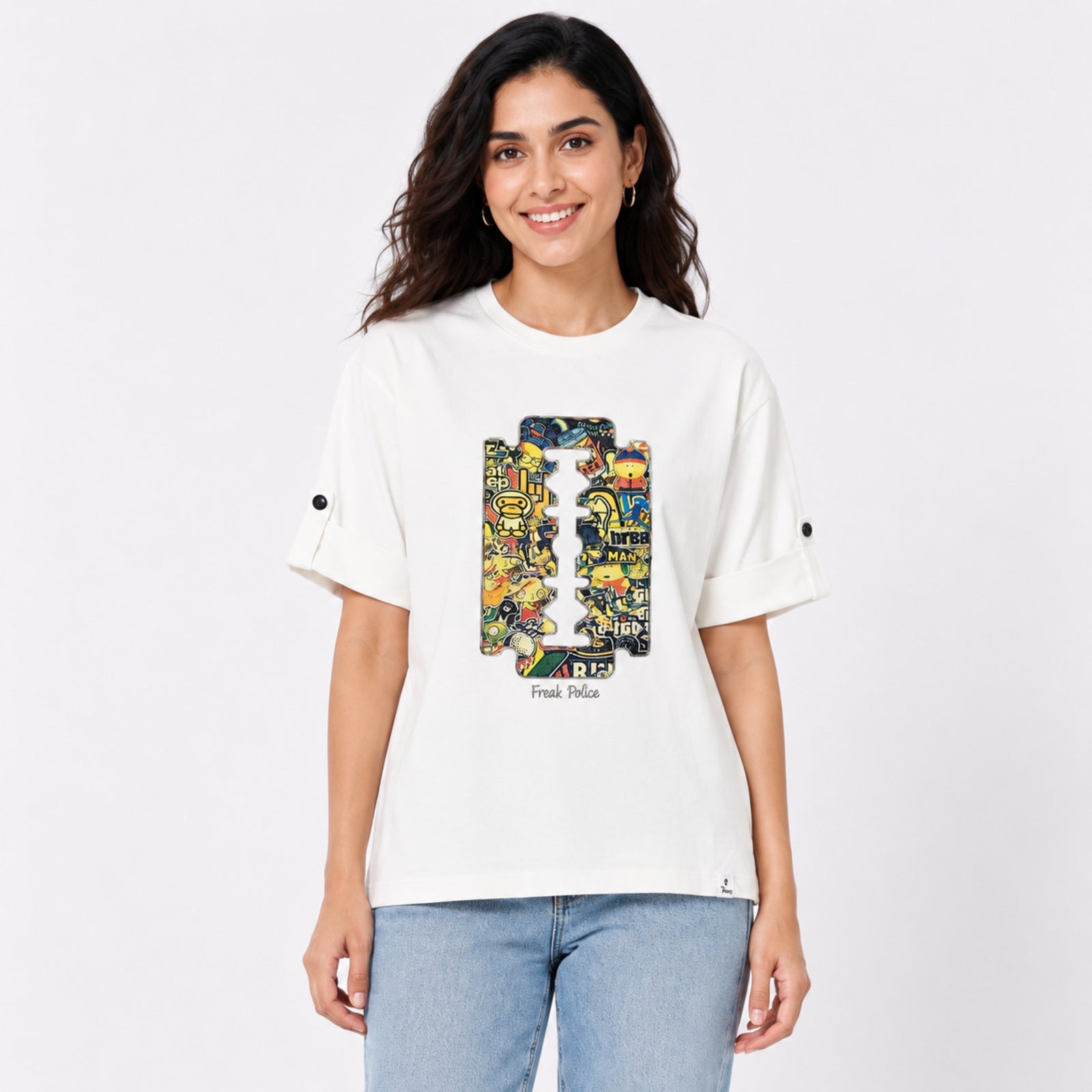 Women's White Oversized Graphic Printed Casual T-Shirt | Round Neck Relaxed Fit Tee-2