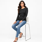 Women's Black Solid Full Sleeve Round Neck Fitted Casual Top-3