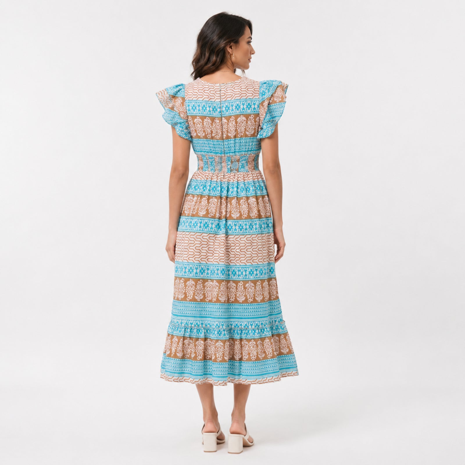 Women's Light Green Ethnic Printed Smocked Maxi Dress-4