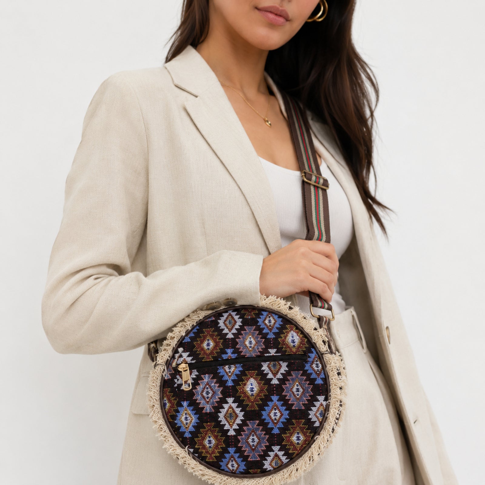 Women's Brown Tribal Print Round Crossbody Sling Bag with Fringe Detail-3