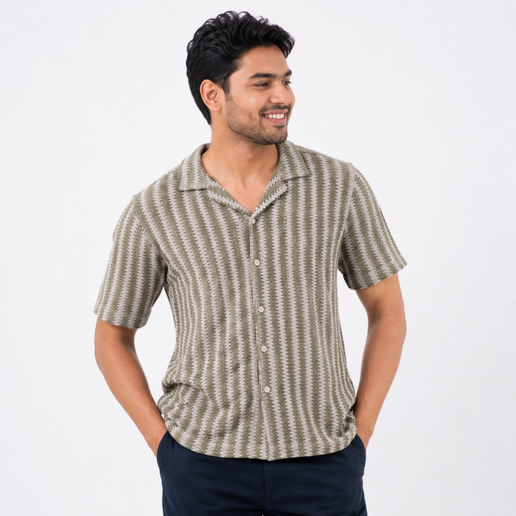 Men's Grey Vertical Stripe Casual Cuban Collar Shirt-2