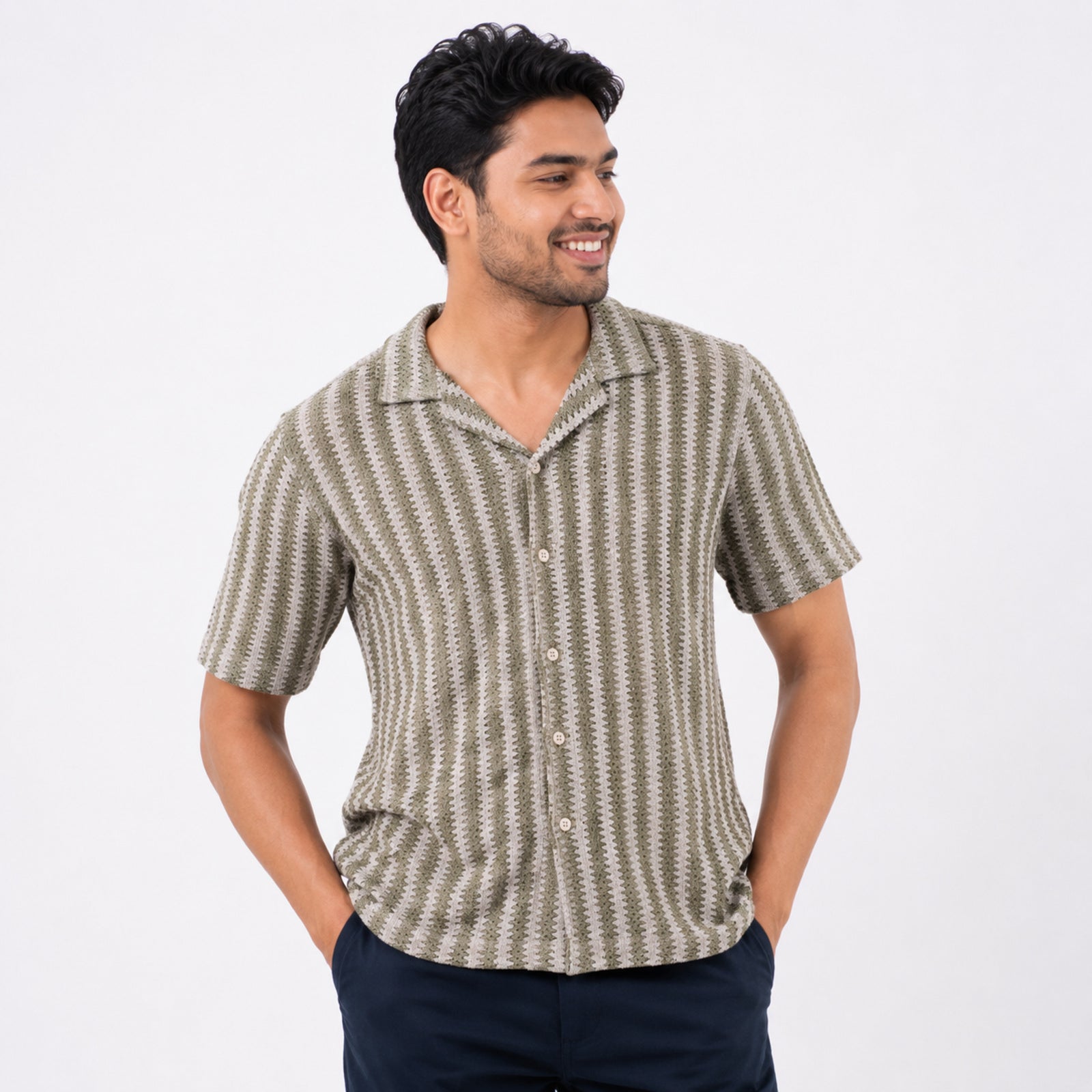 Men's Grey Vertical Stripe Casual Cuban Collar Shirt-2