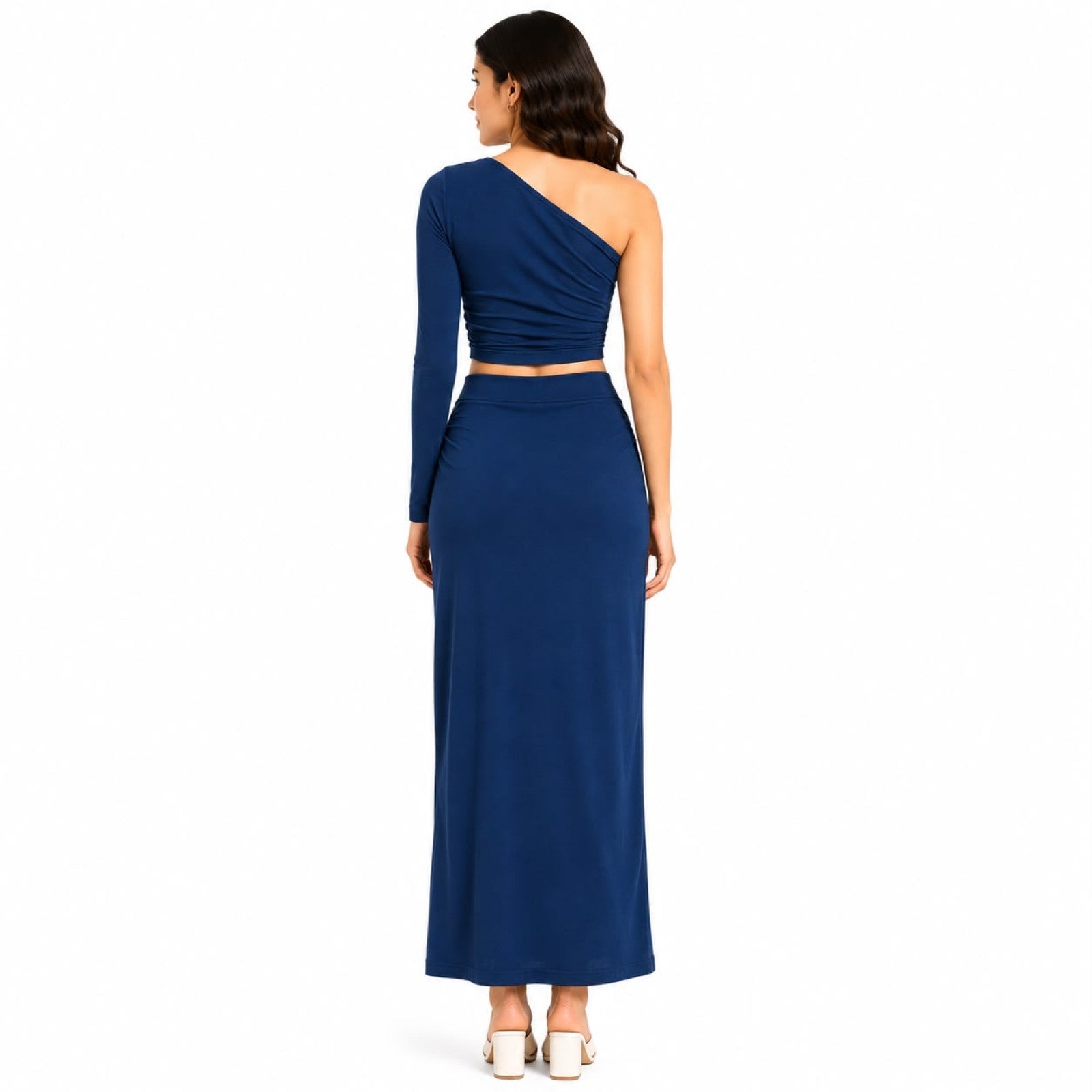 Women's Navy Blue One-Shoulder Crop Top and Side Slit Maxi Skirt Co-Ord Set-4