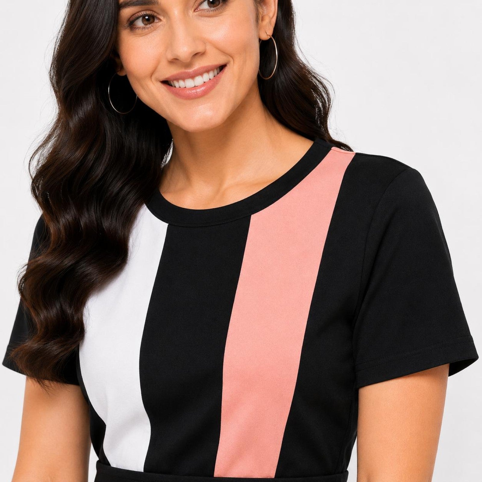 Women's Peach Color Block Fit & Flare Midi Dress-4