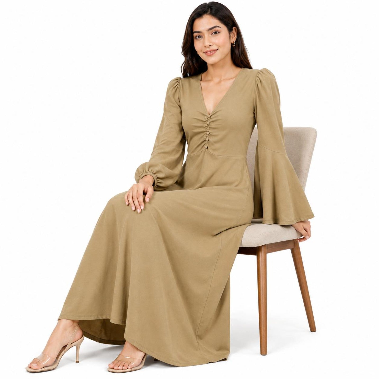 Women's Light Brown V-Neck Maxi Dress with Ruched Front and Bell Sleeves-2
