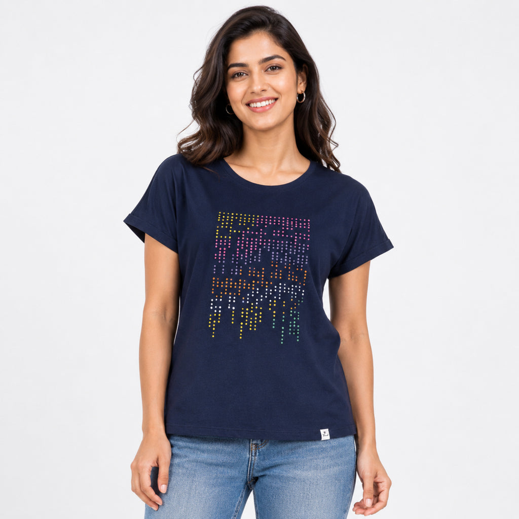 Women's Radiant Peacock Blue Graphic Tee with Neon Digital Rain Typography-1
