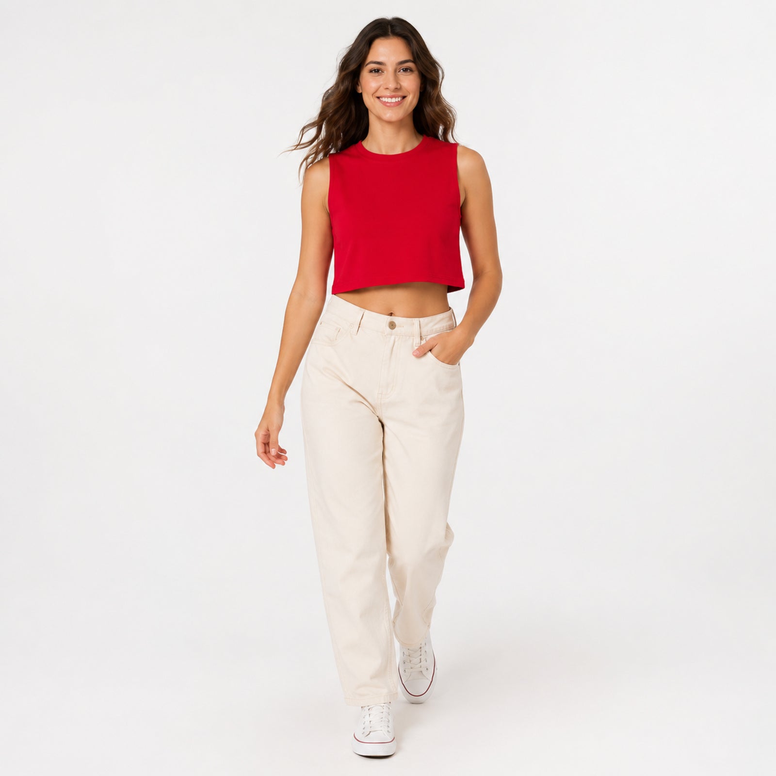 Women's Red High Neck Sleeveless Relaxed Crop Top | Solid Boxy Casual Top-1