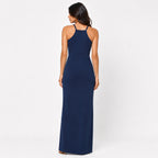 Women's Blue Halter Neck Cut-Out Ruched Maxi Dress | Sleeveless Party Wear Dress-4