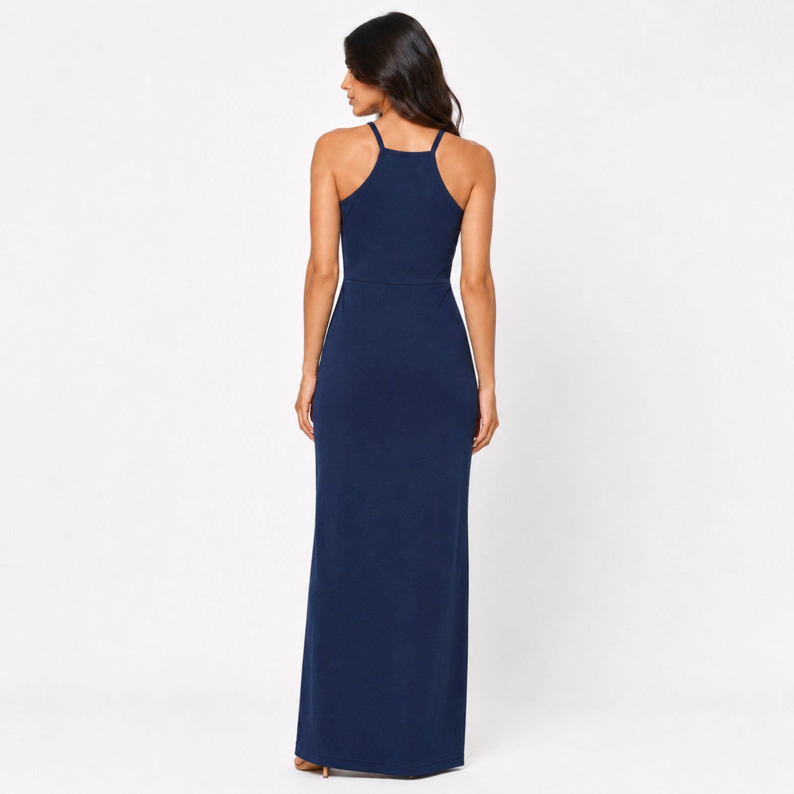 Women's Blue Halter Neck Cut-Out Ruched Maxi Dress | Sleeveless Party Wear Dress-4