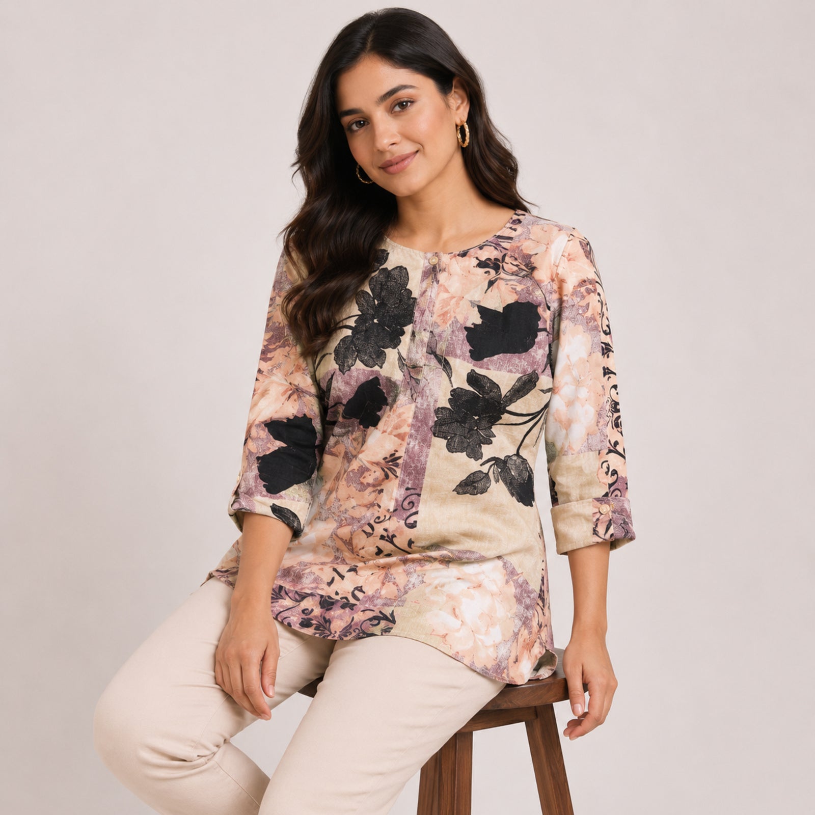 Women's Artistic Floral Collage High-Low Tunic Top-2