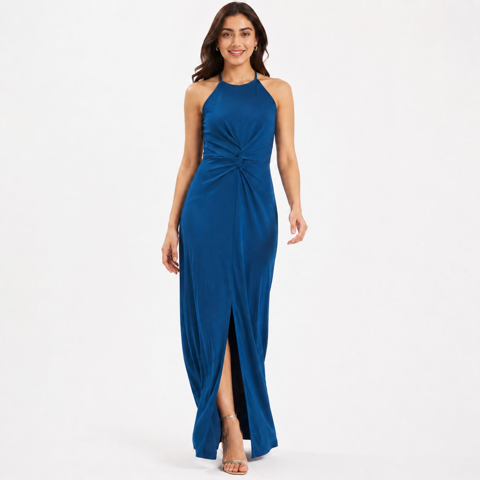 Women's Navy Blue Halter Neck Twist Front Maxi Dress-1