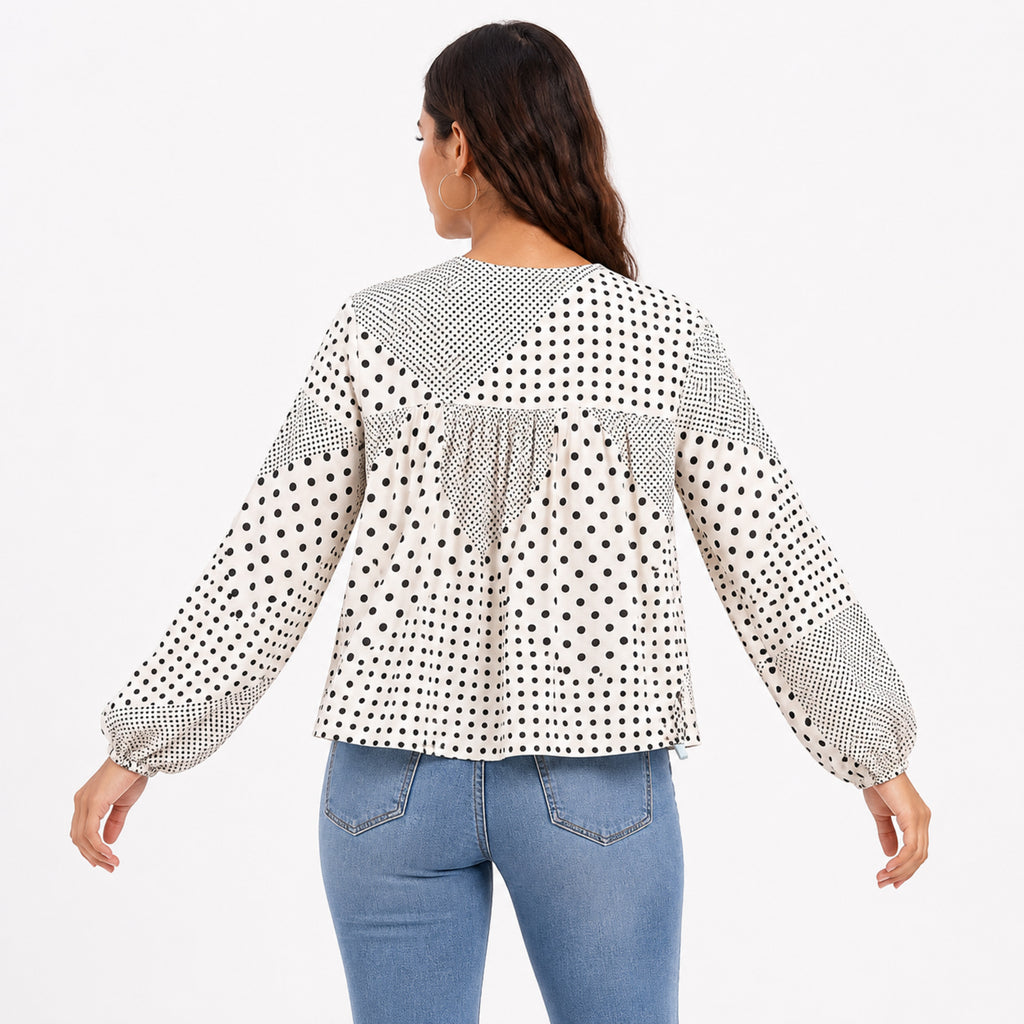 Women's White Polka Dot Tie-Neck Long Sleeve Blouse-4
