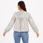 Women's White Polka Dot Tie-Neck Long Sleeve Blouse-4