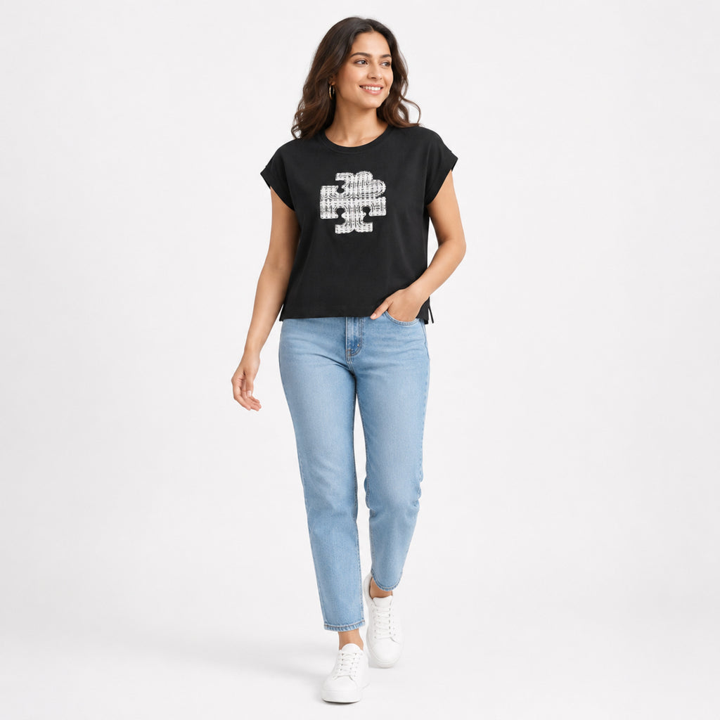 Women's Black Graphic Print Relaxed Fit T-Shirt | Premium Casual Cotton Top-1