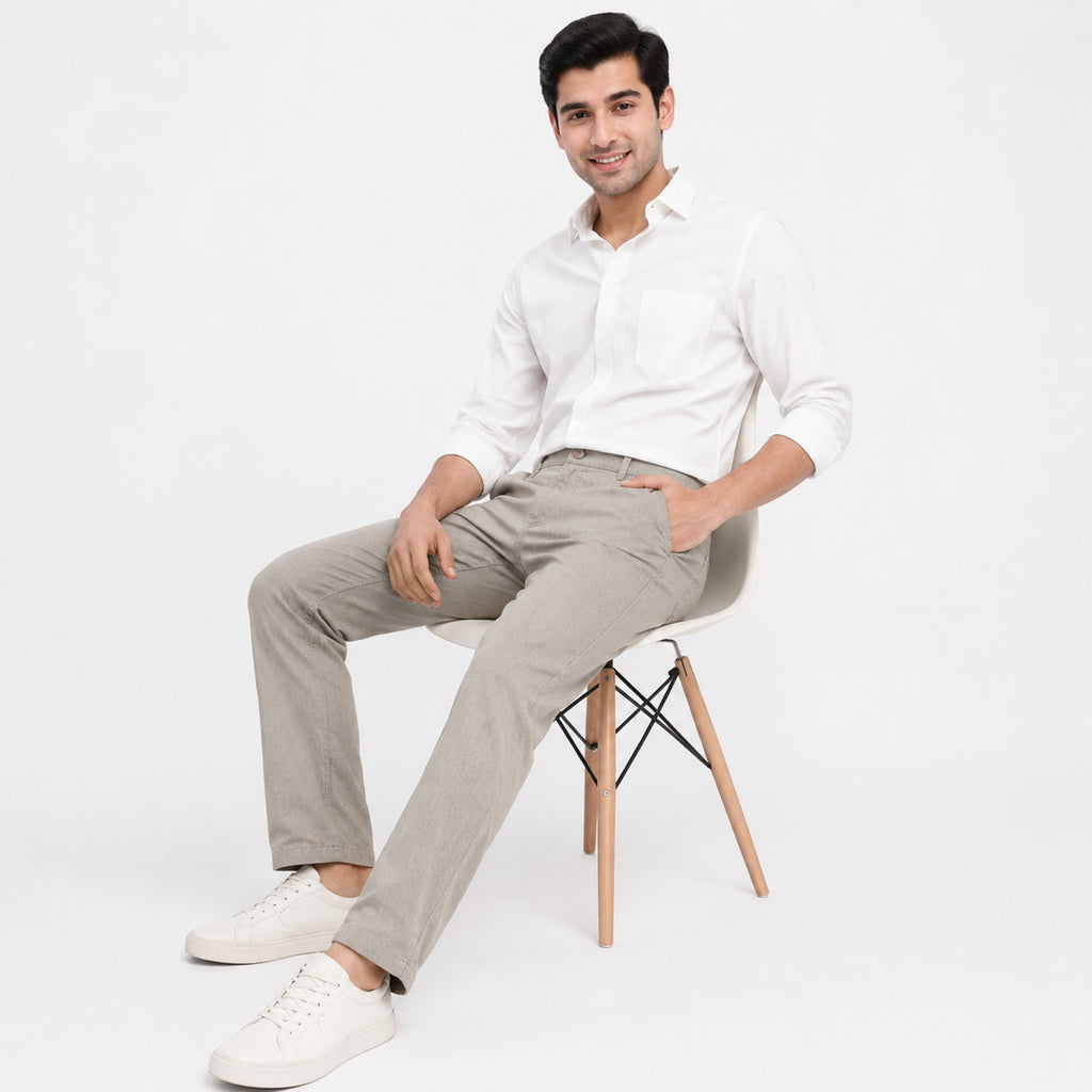 Men's Light Beige Slim Fit Casual Trousers-3